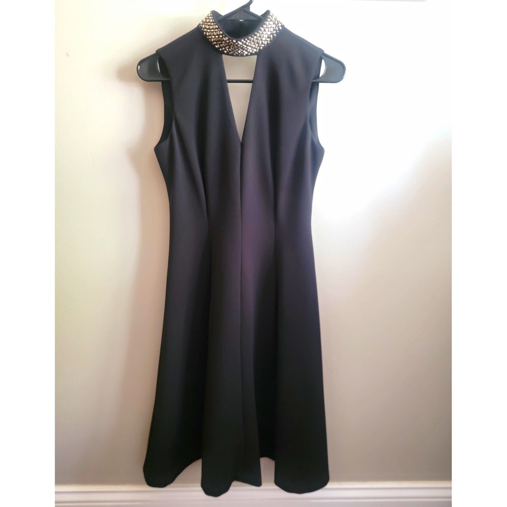 Calvin Klein 2 Black High Neck Sleeveless Cut Out Beaded Dress 90s Retro Vintage